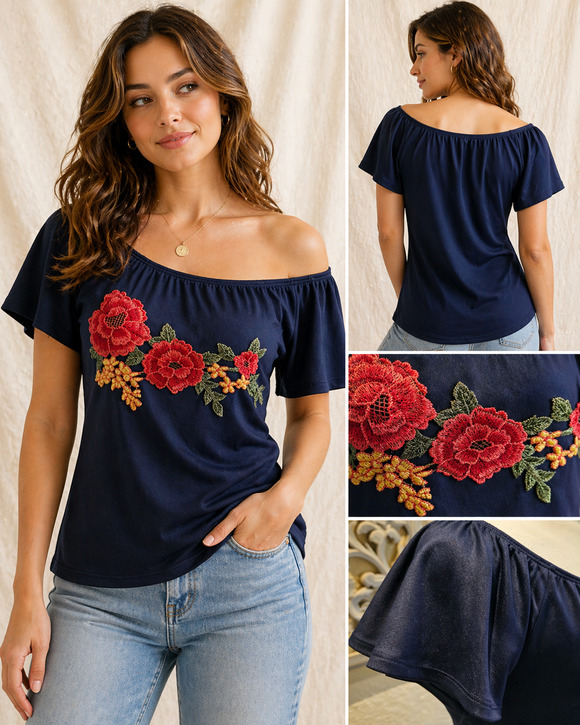 love J Tops - Love J Size L Navy  Embroidered Off Shoulder Boho  Festival Cottagecore Top